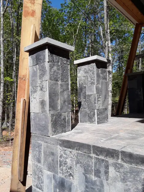 Stone columns and framing during outdoor construction
